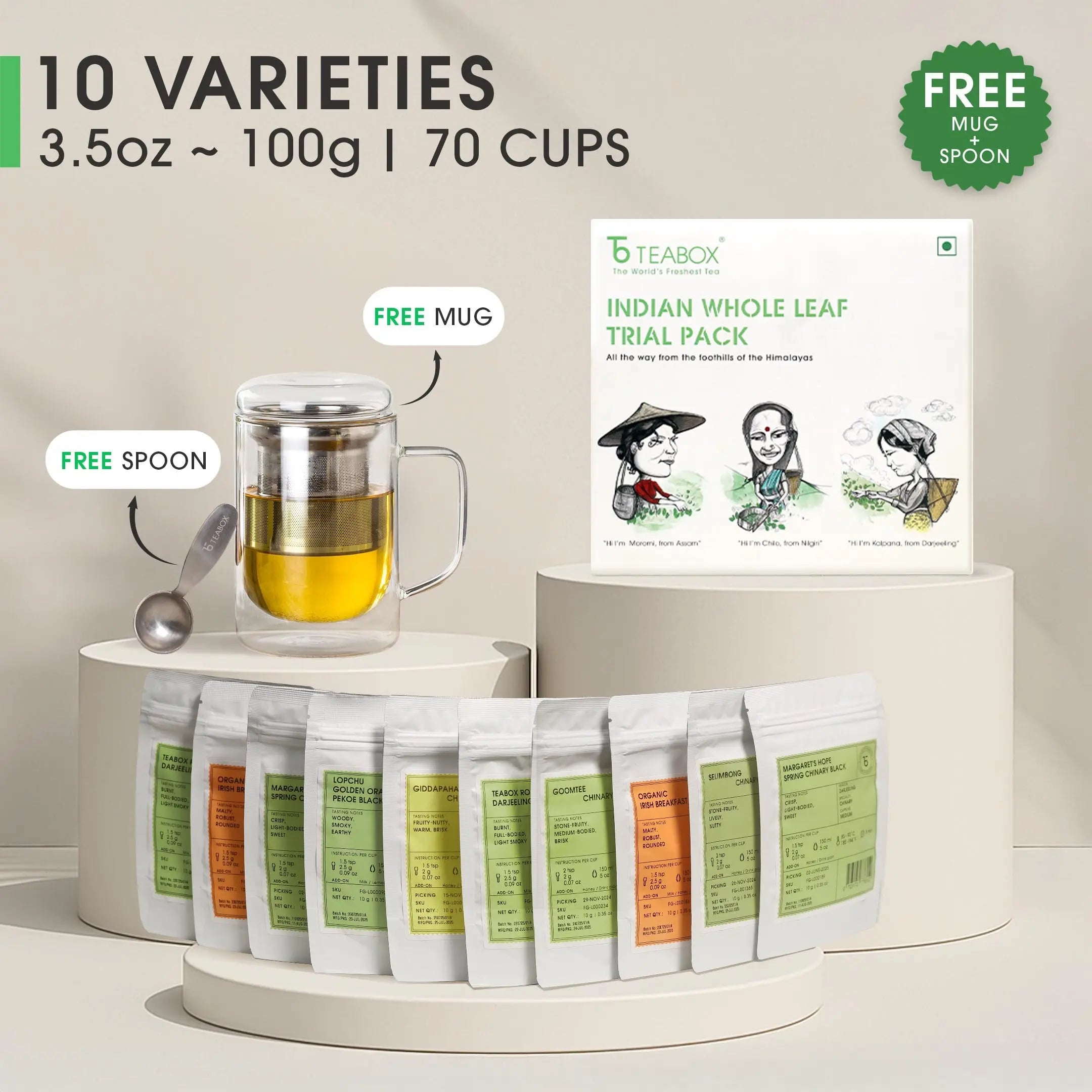 Indian Whole Leaf Trial Pack (Free Seidel Glass Tea Mug With Infuser & Ideal Teaspoon)