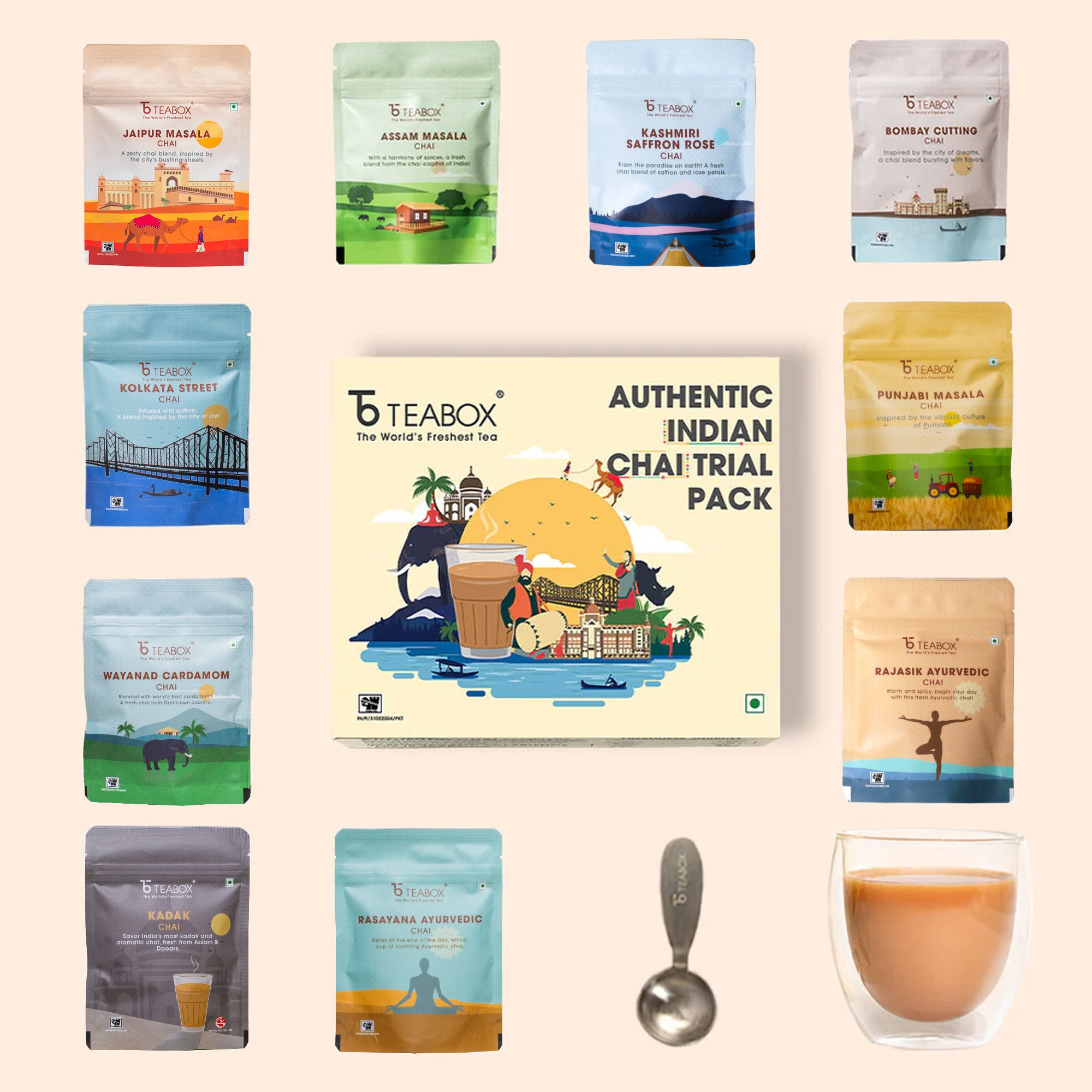 Authentic Indian Chai Complete Trial Pack (Free Valencia Glass Teacup & Ideal Teaspoon)