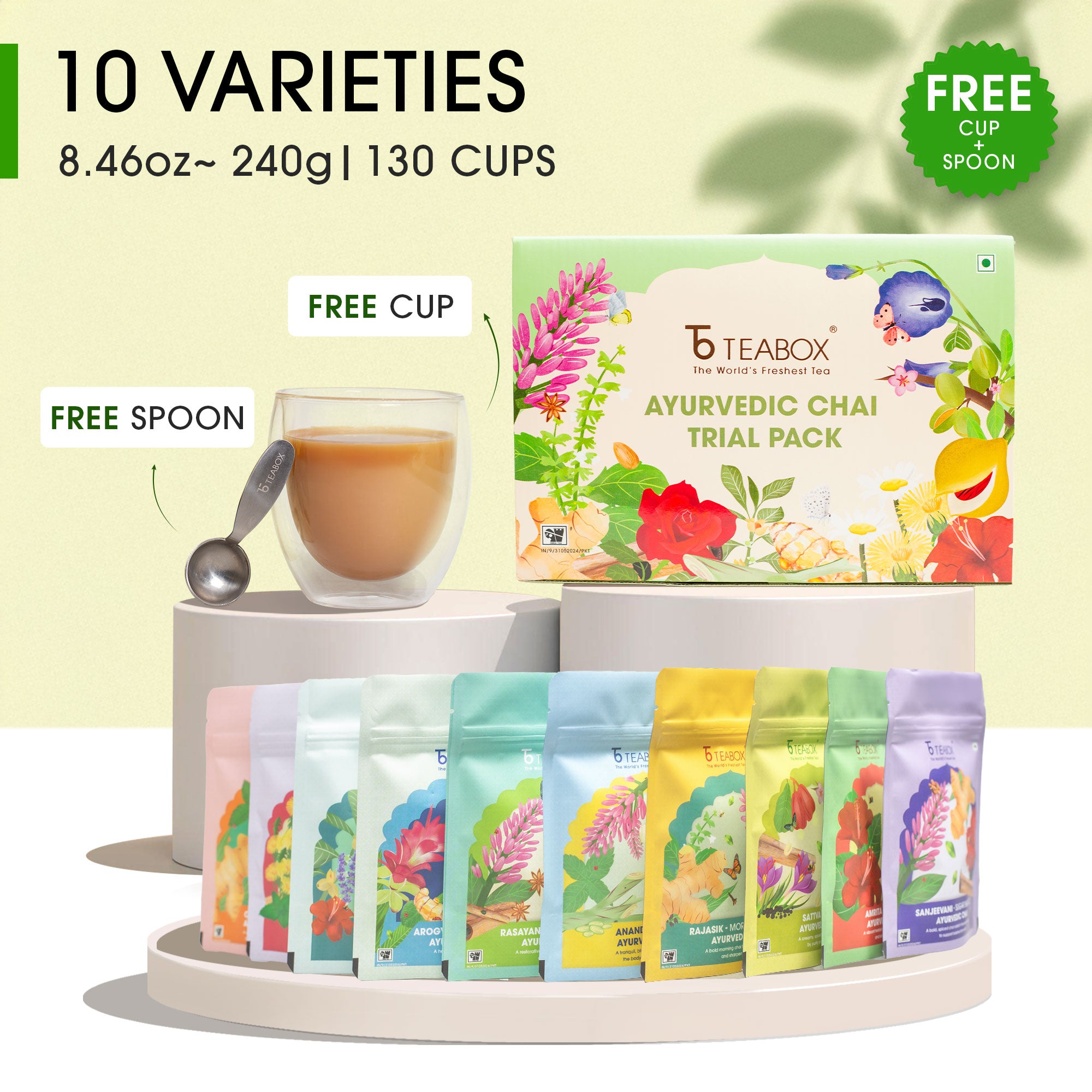 Ayurvedic Chai Trial Pack (Free Valencia Glass Teacup & Ideal Teaspoon)