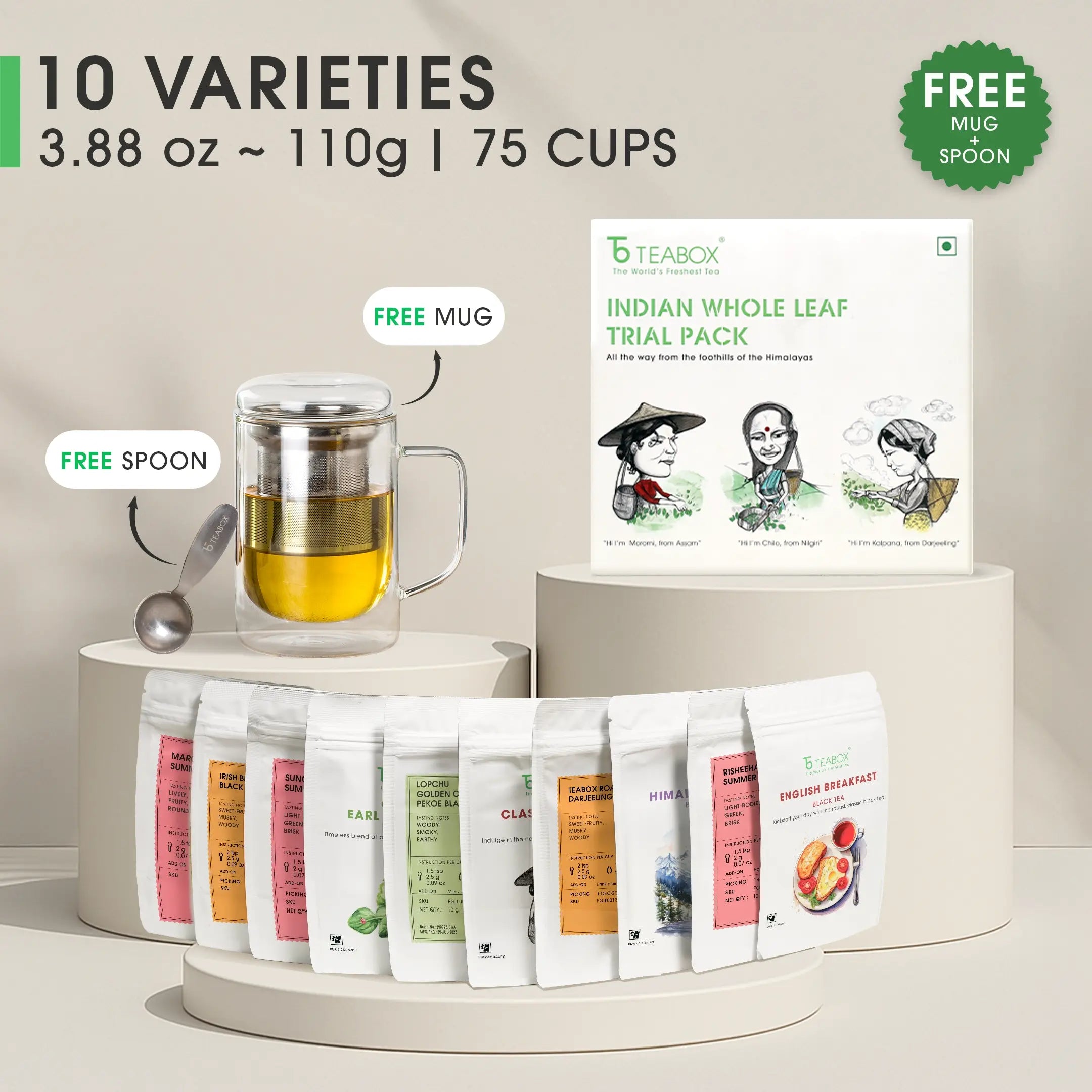 Indian Whole Leaf Trial Pack (Free Seidel Glass Tea Mug With Infuser & Ideal Teaspoon)