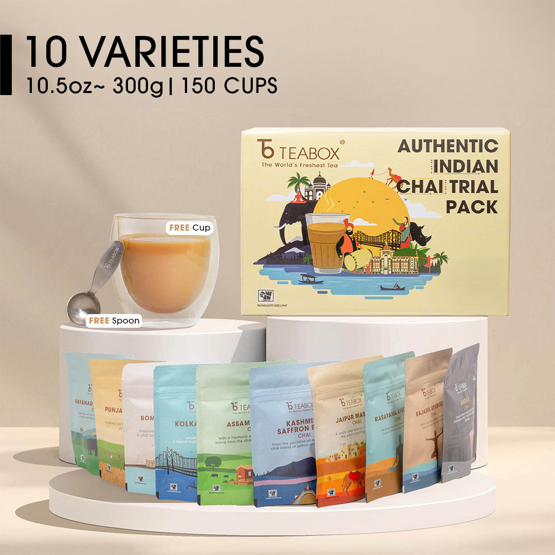 Authentic Indian Chai Complete Trial Pack (Free Valencia Glass Teacup & Ideal Teaspoon)