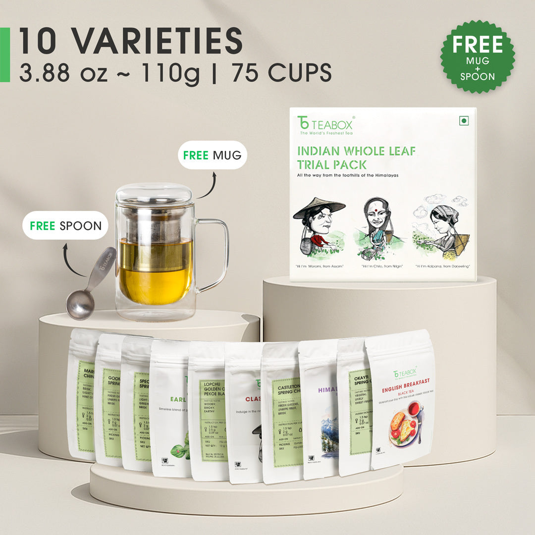 Indian Whole Leaf Trial Pack (Free Seidel Glass Tea Mug With Infuser & Ideal Teaspoon)