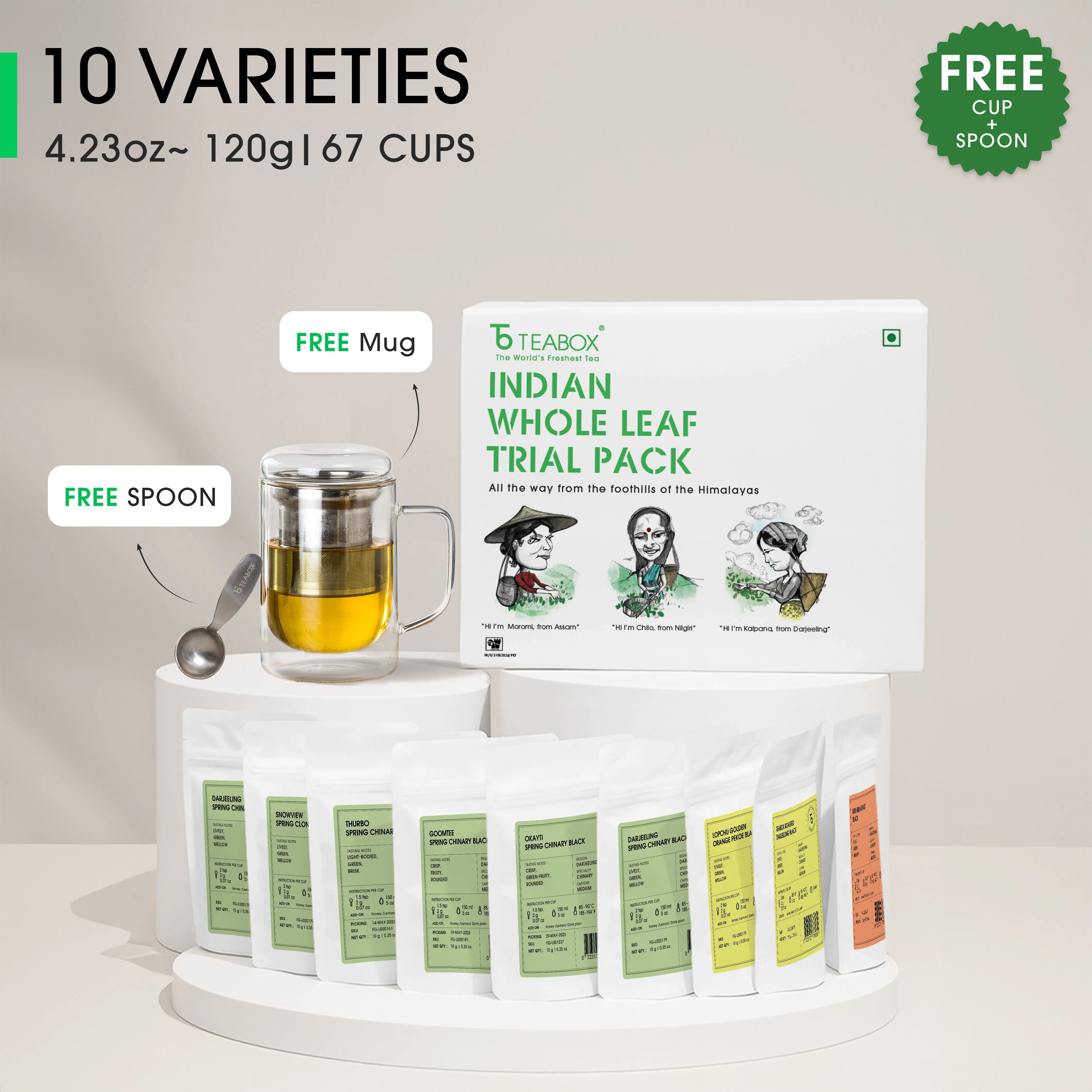 Indian Whole Leaf Trial Pack (Free Seidel Glass Tea Mug With Infuser & Ideal Teaspoon)