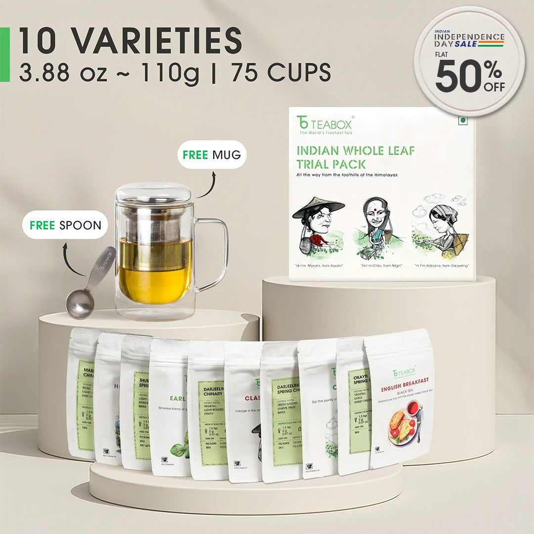 Indian Whole Leaf Trial Pack (Free Seidel Glass Tea Mug With Infuser & Ideal Teaspoon)